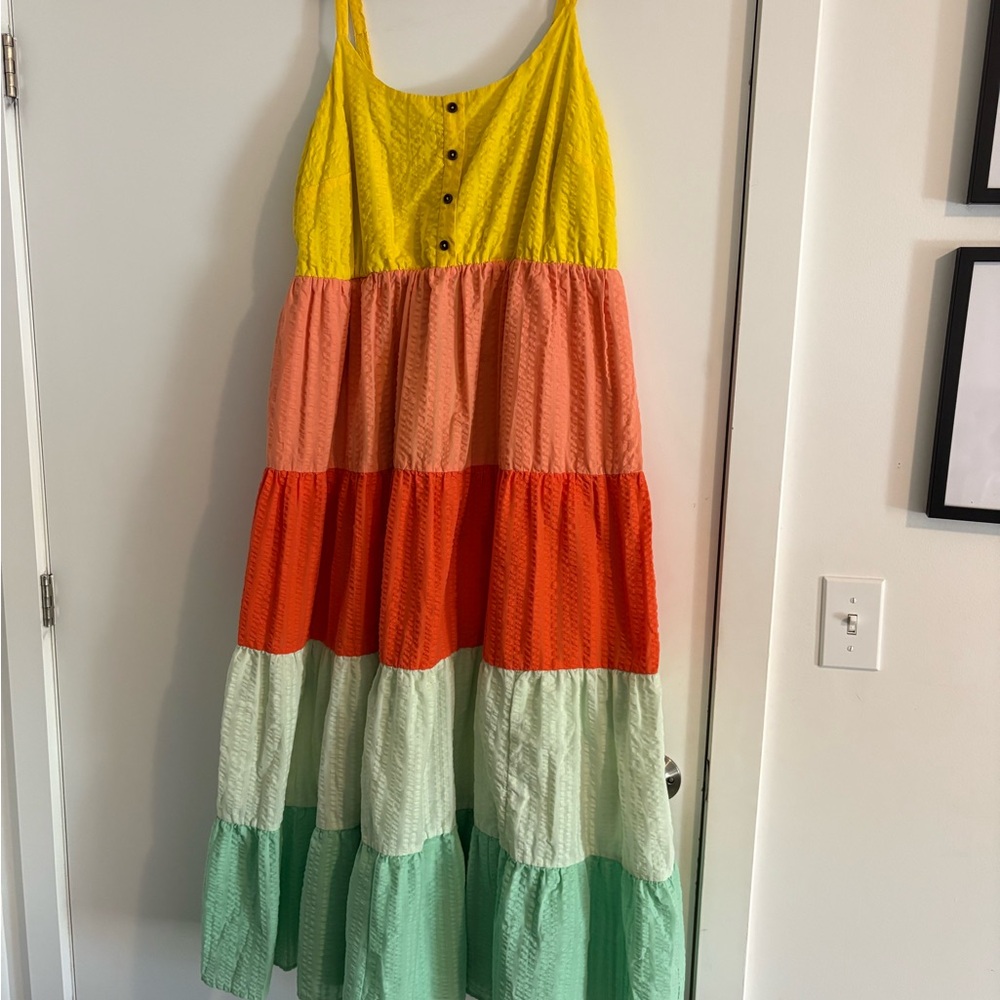 torrid Yellow Coral Orange Mint Colorblock Tiered Maxi Dress